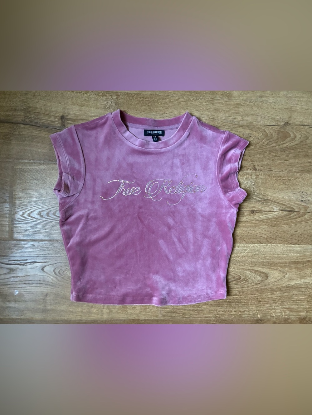 True Religion Rose Pink Velvet Cropped Logo Tee